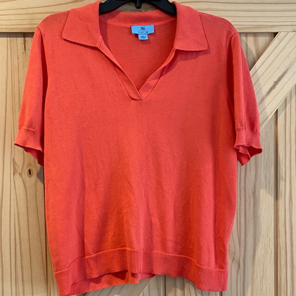 CeCe Orange/Melon Collared Knit Top, XL